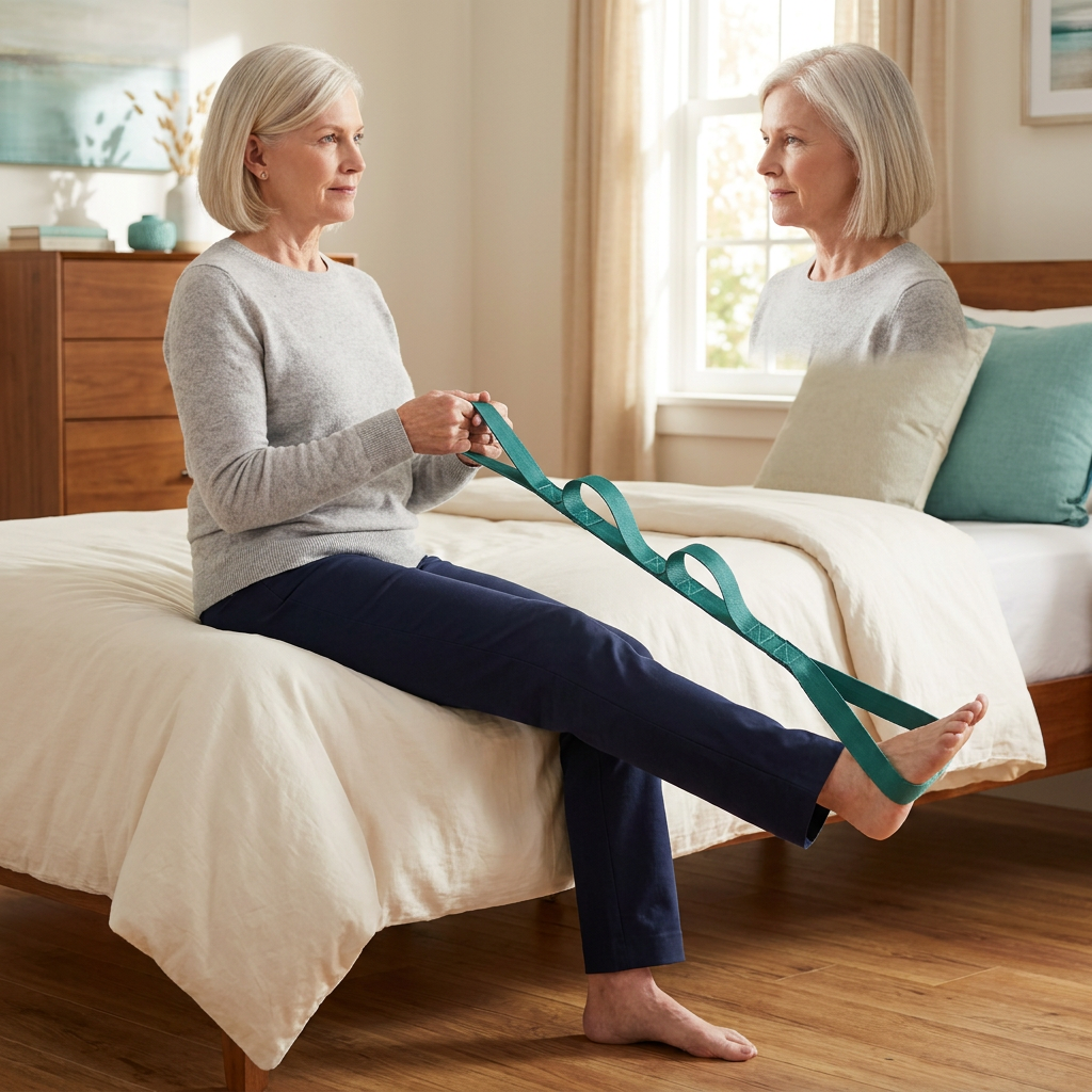 Seated woman pulling the hand loop to lift her straight leg onto the bed
