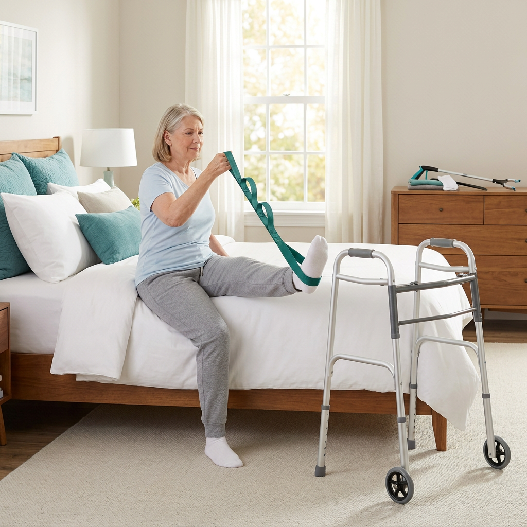 Woman using the Piventra Leg Lifter beside her walker in a bright bedroom