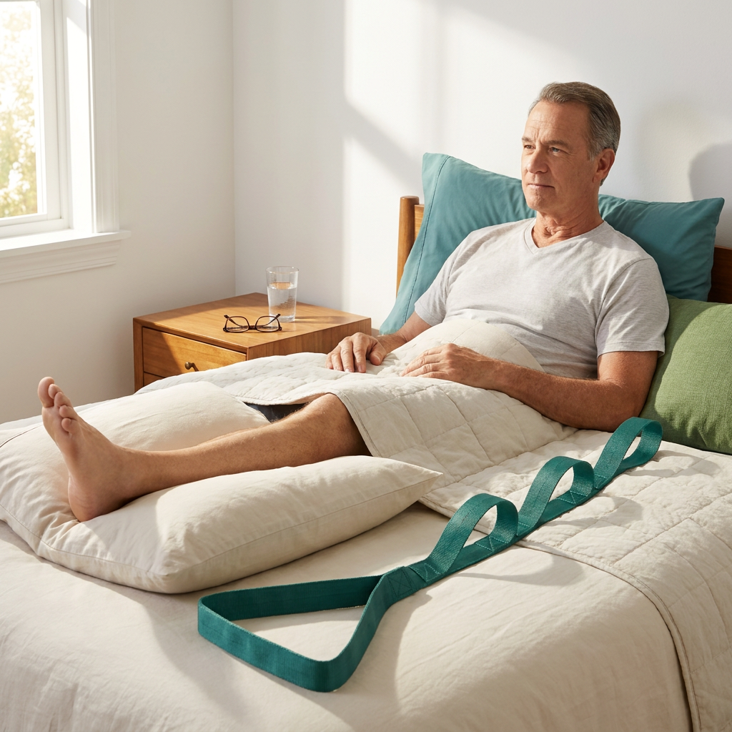 Man resting in bed with his operated leg on a pillow and the leg lifter strap beside him