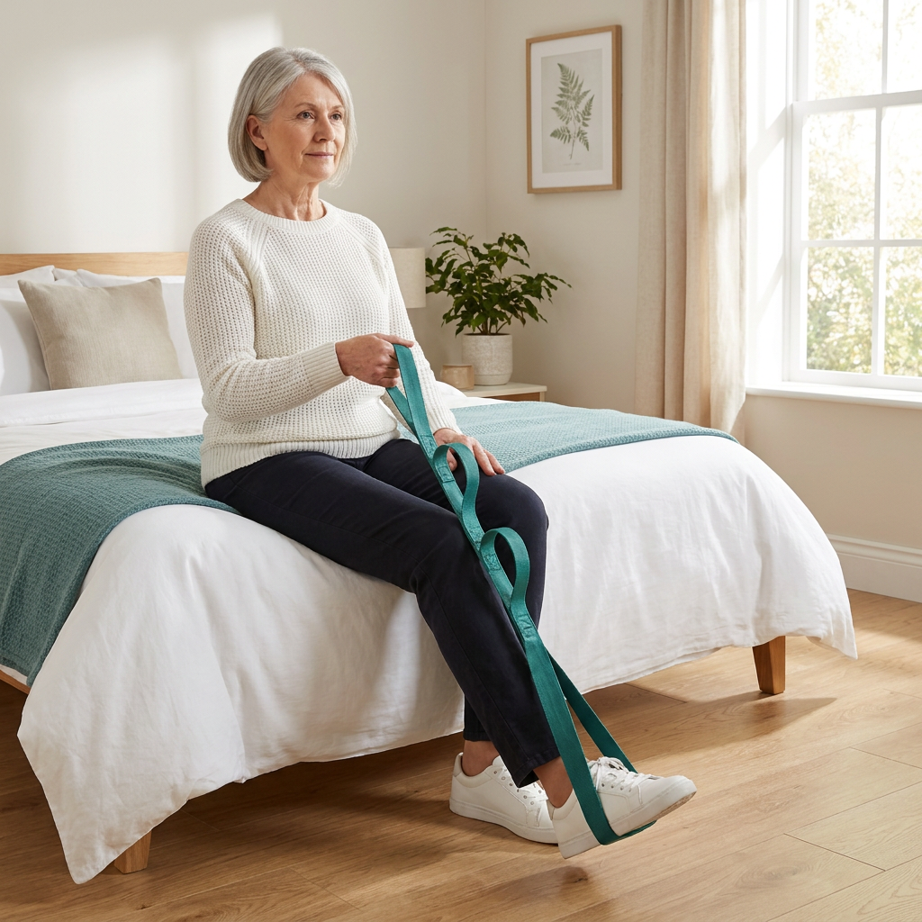 Woman sitting upright on the bed edge holding the leg lifter hand loops, foot loop over her shoe