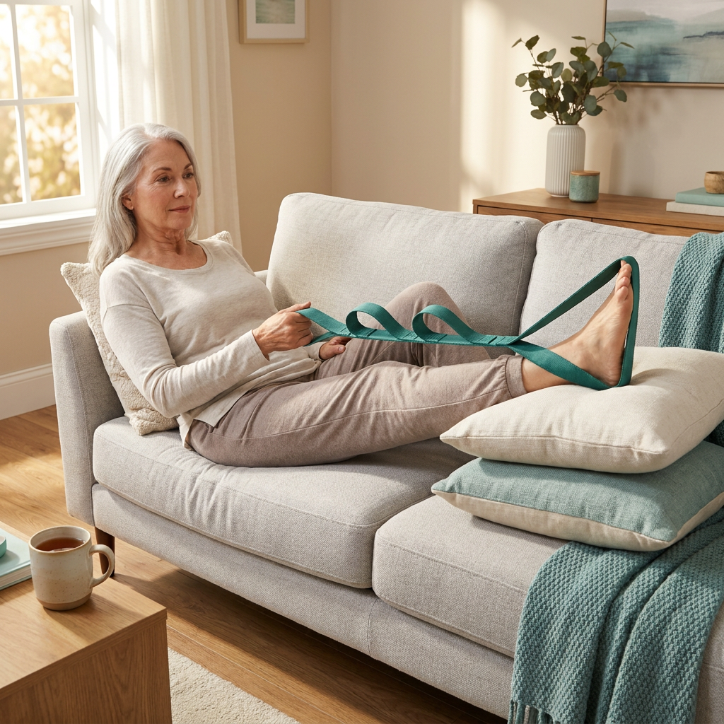 Woman on a sofa lifting her leg onto a pillow stack with the leg lifter strap