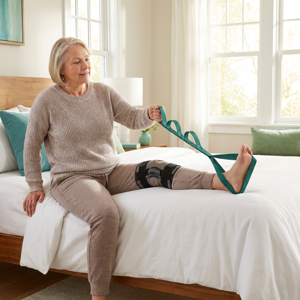 Woman with a knee brace lifting her leg onto the bed with the leg lifter strap
