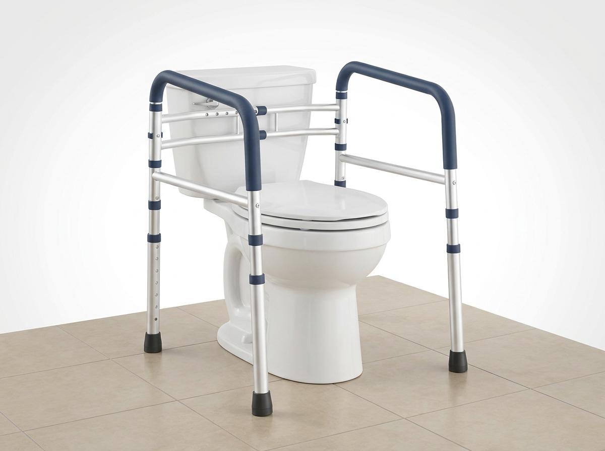 How the Piventra™ Toilet Safety Frame works: a padded armrest each side, rated to 350 lb pushing straight down, no tools